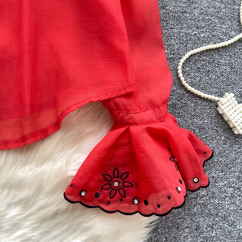 Elegáns francia blúz női flitterek hímzés lehajtható gallér flare ujjú bluza nőies őszi sifon ingek dropship