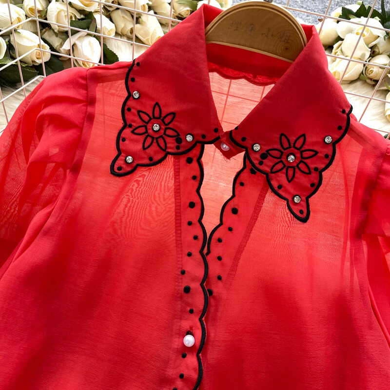 Elegáns francia blúz női flitterek hímzés lehajtható gallér flare ujjú bluza nőies őszi sifon ingek dropship