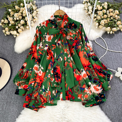 Neploe FKoreai Ashion V-nyakú masnis ingek Női Őszi Lámpás bő ujjú blúzok Y2k Vintage virágmintás Blusas Mujer