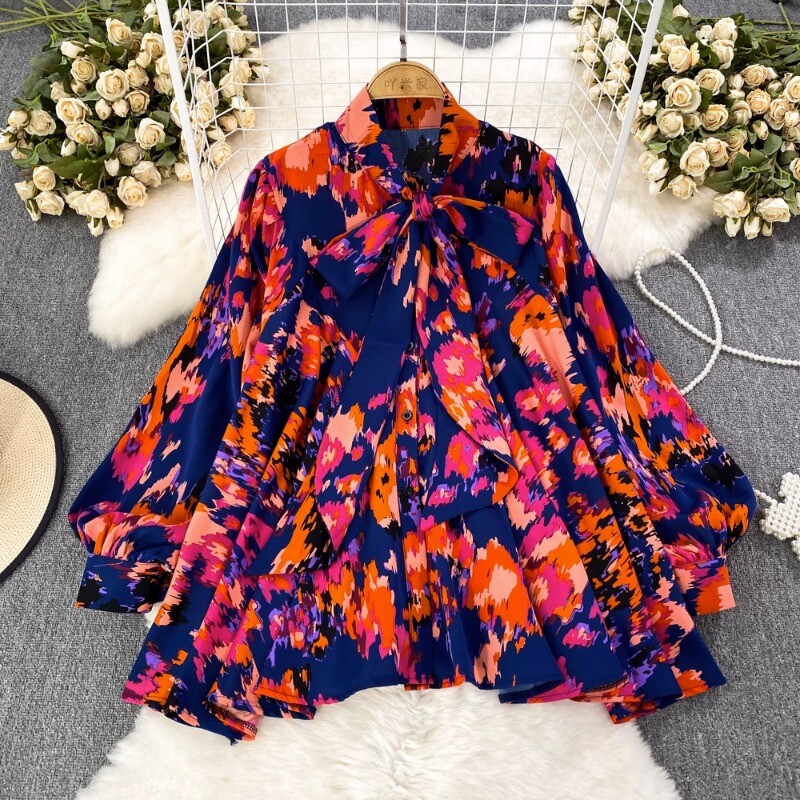 Neploe FKoreai Ashion V-nyakú masnis ingek Női Őszi Lámpás bő ujjú blúzok Y2k Vintage virágmintás Blusas Mujer