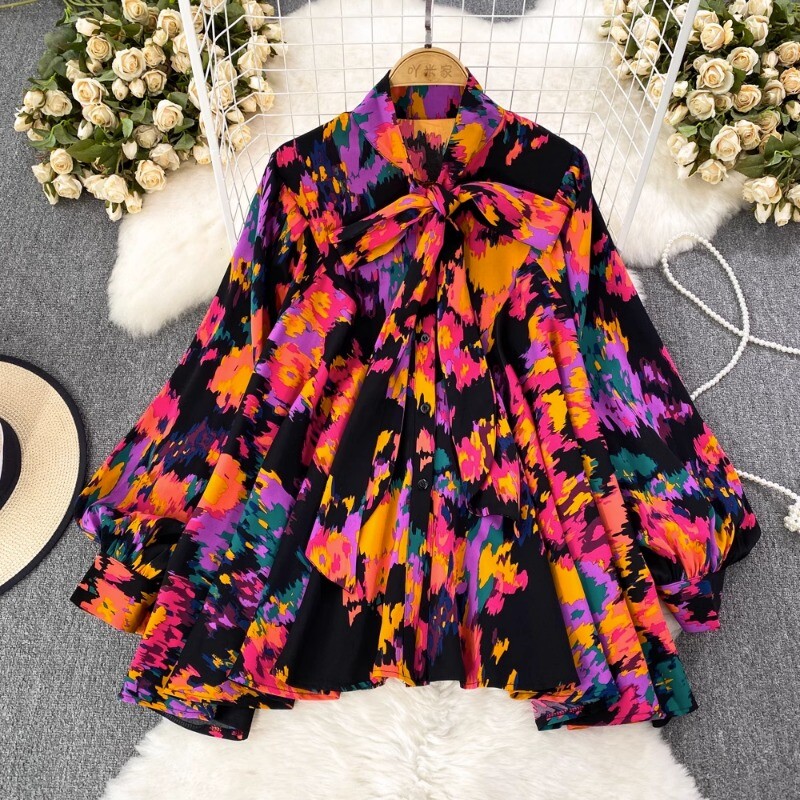 Neploe FKoreai Ashion V-nyakú masnis ingek Női Őszi Lámpás bő ujjú blúzok Y2k Vintage virágmintás Blusas Mujer