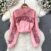 Μόδα φθινοπώρου Γυναικείες μπλούζες Πωλήσεις με παγιέτες Μονό πουκάμισο με πέτο γιακά πουκάμισο French Chic Casual Γυναικεία Blusa Dropshipping