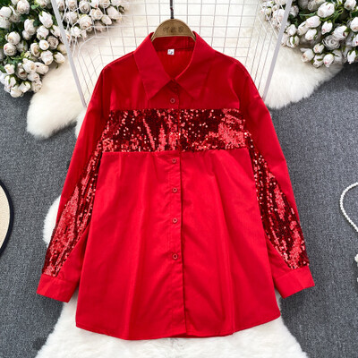 Μόδα φθινοπώρου Γυναικείες μπλούζες Πωλήσεις με παγιέτες Μονό πουκάμισο με πέτο γιακά πουκάμισο French Chic Casual Γυναικεία Blusa Dropshipping