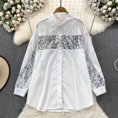 Μόδα φθινοπώρου Γυναικείες μπλούζες Πωλήσεις με παγιέτες Μονό πουκάμισο με πέτο γιακά πουκάμισο French Chic Casual Γυναικεία Blusa Dropshipping