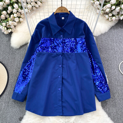 Μόδα φθινοπώρου Γυναικείες μπλούζες Πωλήσεις με παγιέτες Μονό πουκάμισο με πέτο γιακά πουκάμισο French Chic Casual Γυναικεία Blusa Dropshipping