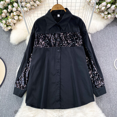 Μόδα φθινοπώρου Γυναικείες μπλούζες Πωλήσεις με παγιέτες Μονό πουκάμισο με πέτο γιακά πουκάμισο French Chic Casual Γυναικεία Blusa Dropshipping