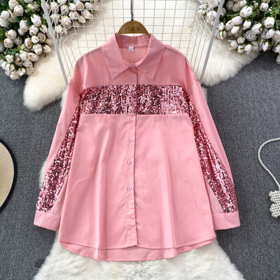 Μόδα φθινοπώρου Γυναικείες μπλούζες Πωλήσεις με παγιέτες Μονό πουκάμισο με πέτο γιακά πουκάμισο French Chic Casual Γυναικεία Blusa Dropshipping