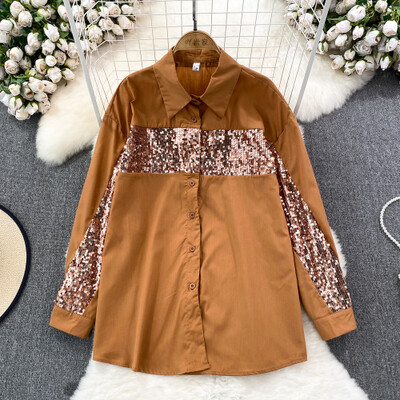 Μόδα φθινοπώρου Γυναικείες μπλούζες Πωλήσεις με παγιέτες Μονό πουκάμισο με πέτο γιακά πουκάμισο French Chic Casual Γυναικεία Blusa Dropshipping