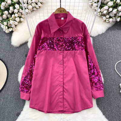 Μόδα φθινοπώρου Γυναικείες μπλούζες Πωλήσεις με παγιέτες Μονό πουκάμισο με πέτο γιακά πουκάμισο French Chic Casual Γυναικεία Blusa Dropshipping