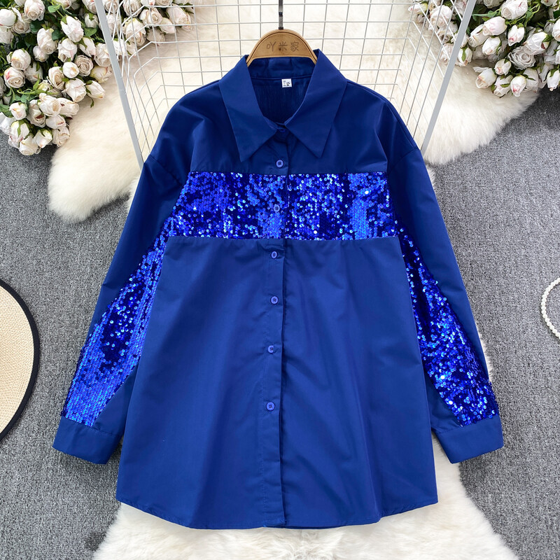 Μόδα φθινοπώρου Γυναικείες μπλούζες Πωλήσεις με παγιέτες Μονό πουκάμισο με πέτο γιακά πουκάμισο French Chic Casual Γυναικεία Blusa Dropshipping