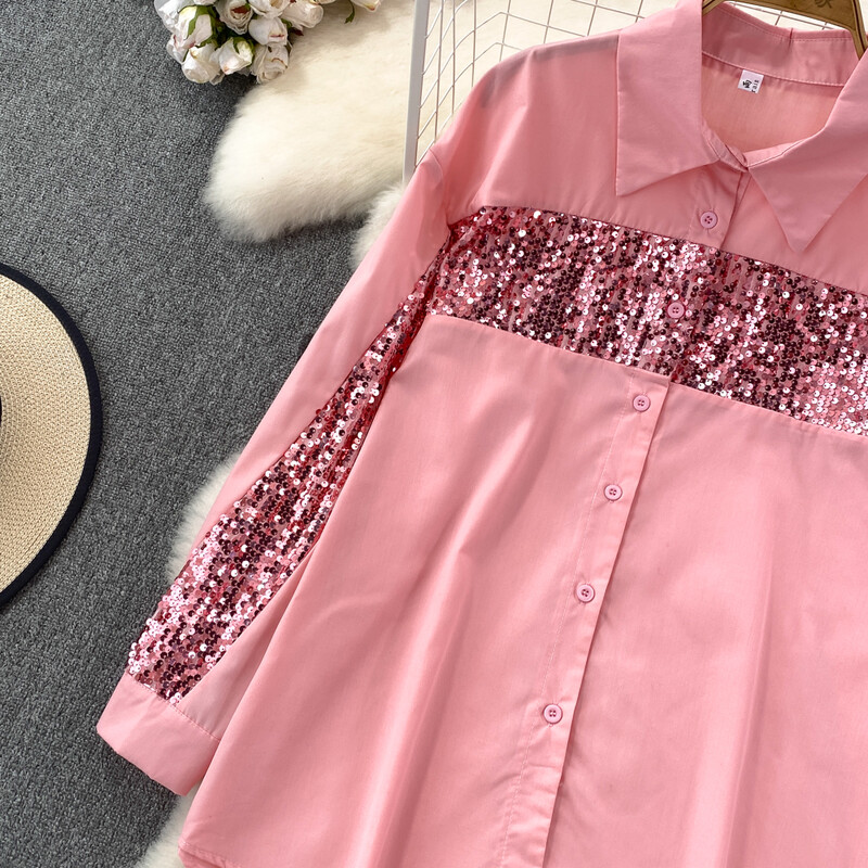 Μόδα φθινοπώρου Γυναικείες μπλούζες Πωλήσεις με παγιέτες Μονό πουκάμισο με πέτο γιακά πουκάμισο French Chic Casual Γυναικεία Blusa Dropshipping