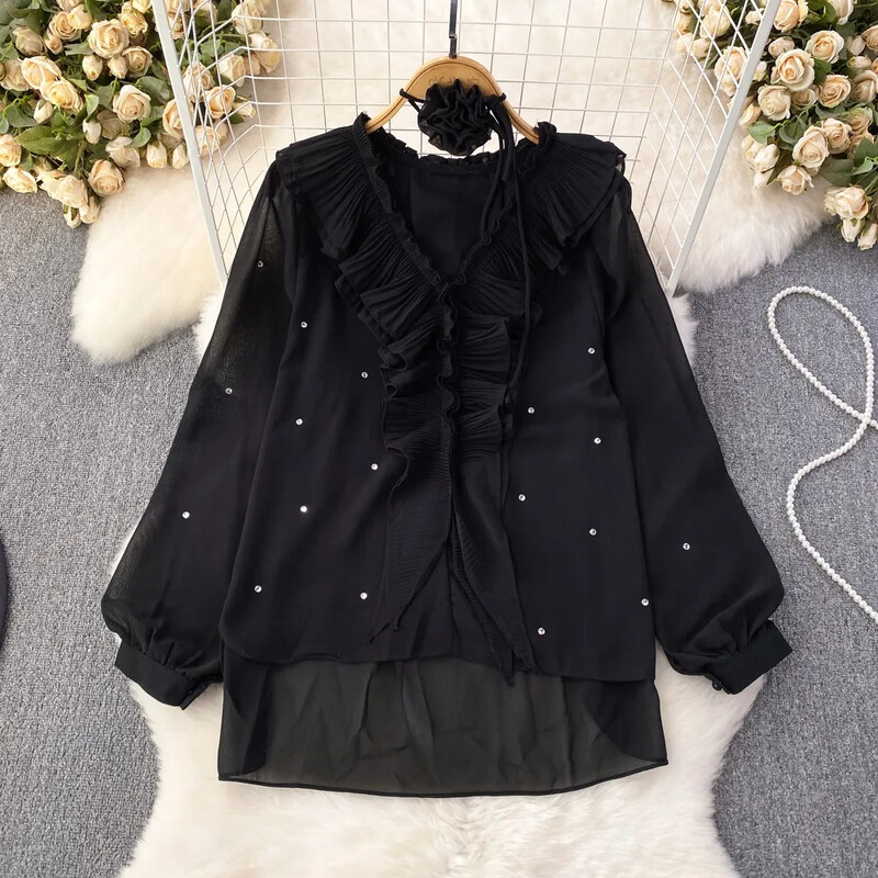 Francia elegáns női blúz 3D virágos Nyakba szerelhető, hajlított élű gyémánt beállítású Blusa Őszi alkalmi női felsők Dropshipping