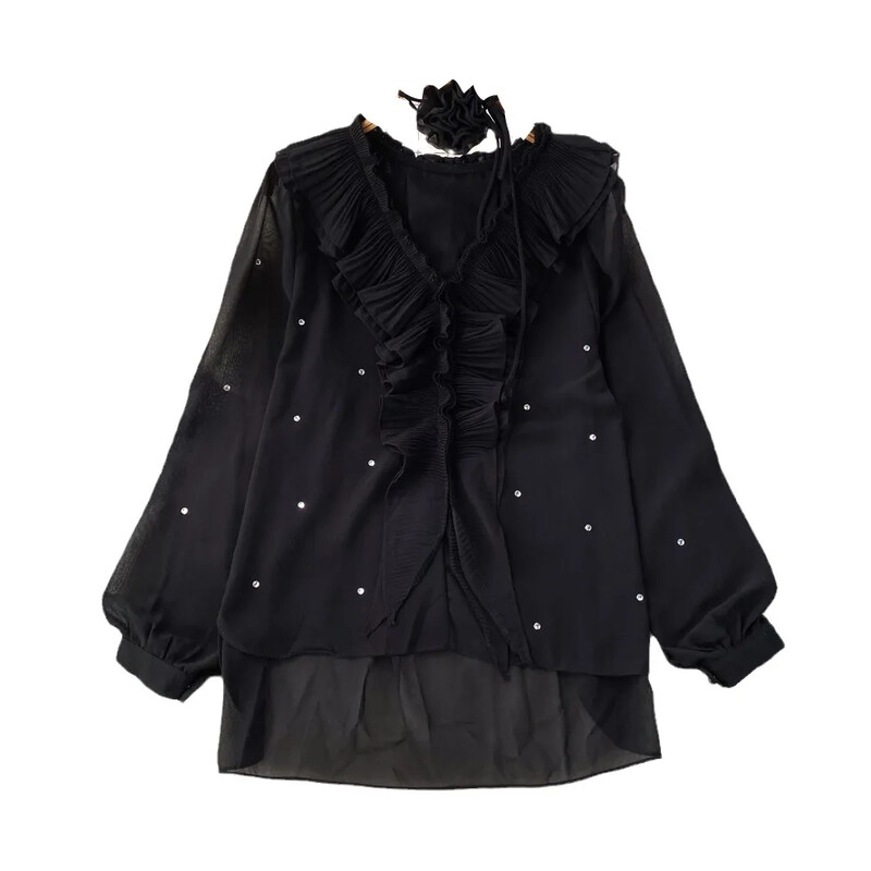 Francia elegáns női blúz 3D virágos Nyakba szerelhető, hajlított élű gyémánt beállítású Blusa Őszi alkalmi női felsők Dropshipping