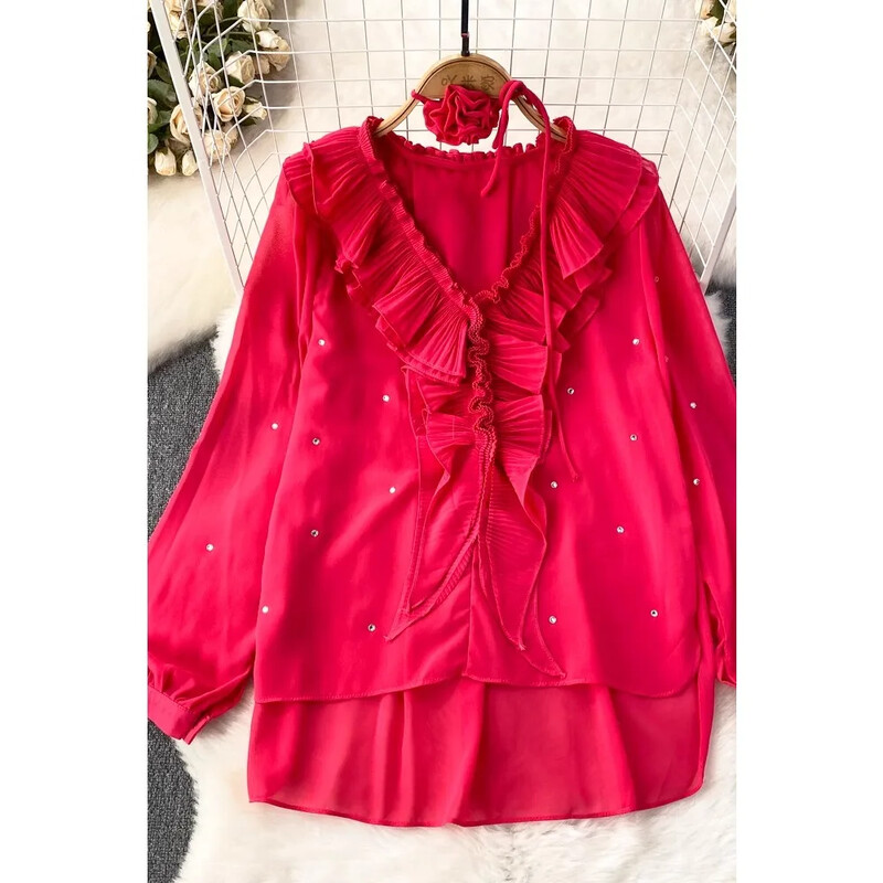 Francia elegáns női blúz 3D virágos Nyakba szerelhető, hajlított élű gyémánt beállítású Blusa Őszi alkalmi női felsők Dropshipping