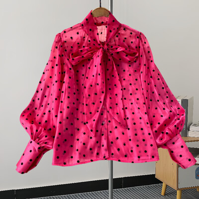 XFPV édes fodros állógallér hosszú ujjú temperamentumos ing pöttyös ing női koreai divat tavaszi nyár 2024 SM11350