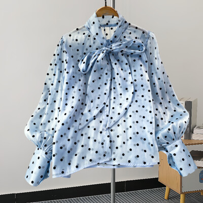 XFPV édes fodros állógallér hosszú ujjú temperamentumos ing pöttyös ing női koreai divat tavaszi nyár 2024 SM11350