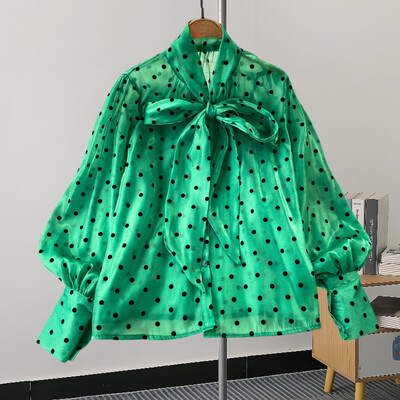 XFPV édes fodros állógallér hosszú ujjú temperamentumos ing pöttyös ing női koreai divat tavaszi nyár 2024 SM11350