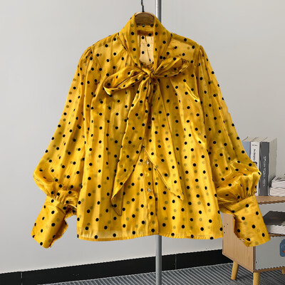 XFPV édes fodros állógallér hosszú ujjú temperamentumos ing pöttyös ing női koreai divat tavaszi nyár 2024 SM11350