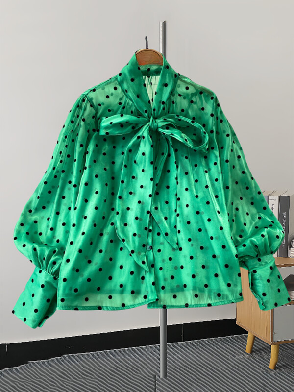 XFPV édes fodros állógallér hosszú ujjú temperamentumos ing pöttyös ing női koreai divat tavaszi nyár 2024 SM11350