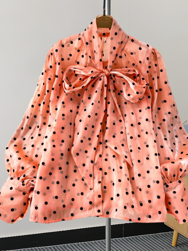 XFPV édes fodros állógallér hosszú ujjú temperamentumos ing pöttyös ing női koreai divat tavaszi nyár 2024 SM11350