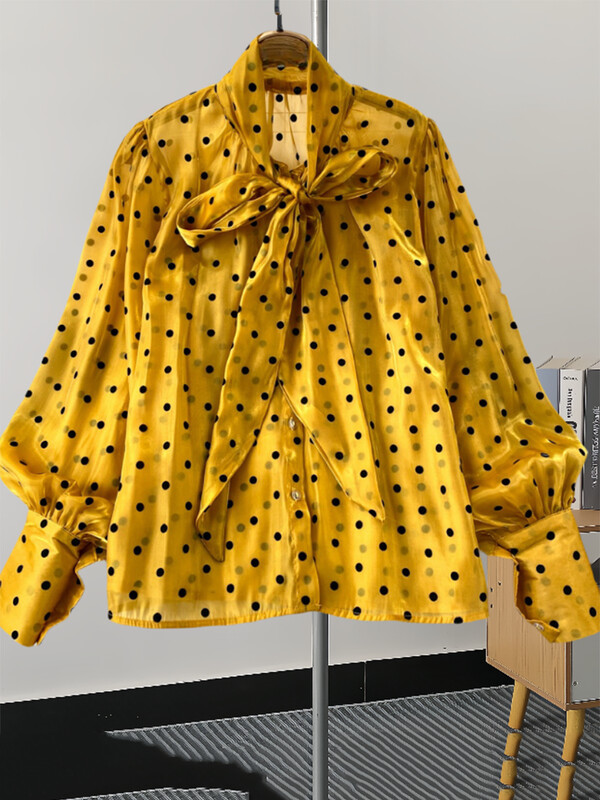 XFPV édes fodros állógallér hosszú ujjú temperamentumos ing pöttyös ing női koreai divat tavaszi nyár 2024 SM11350