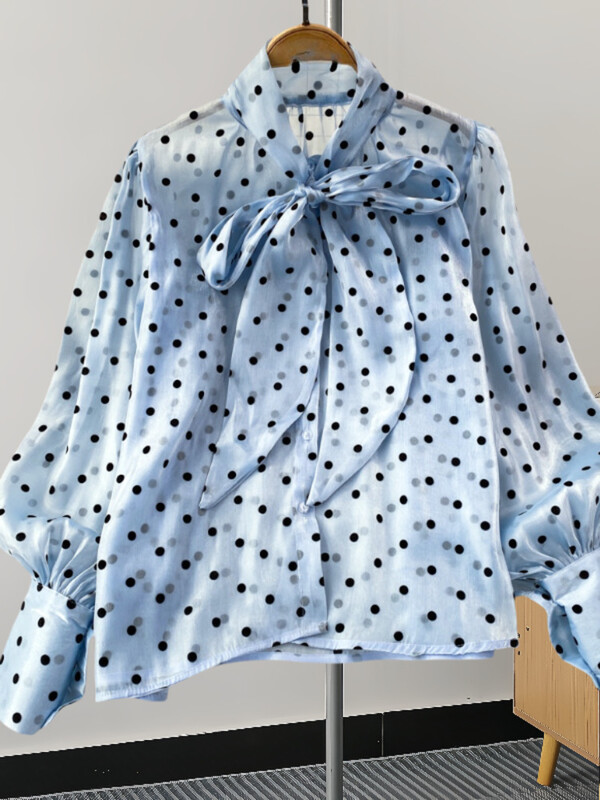 XFPV édes fodros állógallér hosszú ujjú temperamentumos ing pöttyös ing női koreai divat tavaszi nyár 2024 SM11350