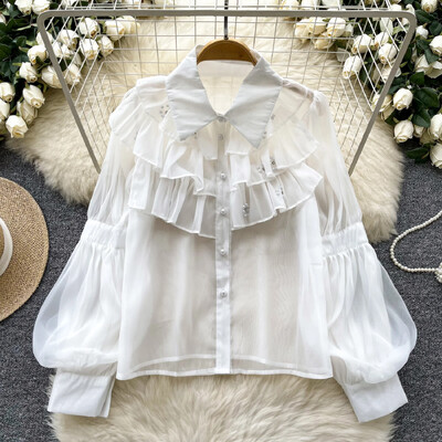 Elegáns strasszos női vintage lehajtható gallér alapjai hosszú ujjú bő fodros felső francia utcai ruházat High Street őszi blúz