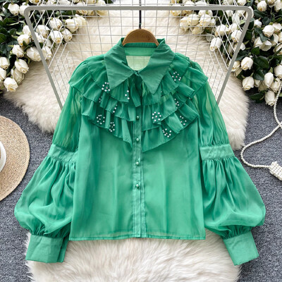 Elegáns strasszos női vintage lehajtható gallér alapjai hosszú ujjú bő fodros felső francia utcai ruházat High Street őszi blúz