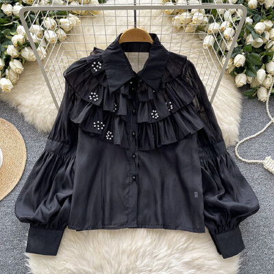 Elegáns strasszos női vintage lehajtható gallér alapjai hosszú ujjú bő fodros felső francia utcai ruházat High Street őszi blúz