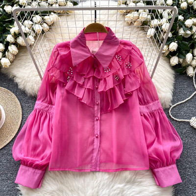 Elegáns strasszos női vintage lehajtható gallér alapjai hosszú ujjú bő fodros felső francia utcai ruházat High Street őszi blúz