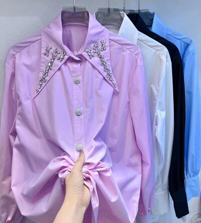 Luxus gyémántok pamut blúzok ingek Női 2024 tavaszi gombos új hosszú ujjú ingek Divat kauzális felsők Camisas De Mujer