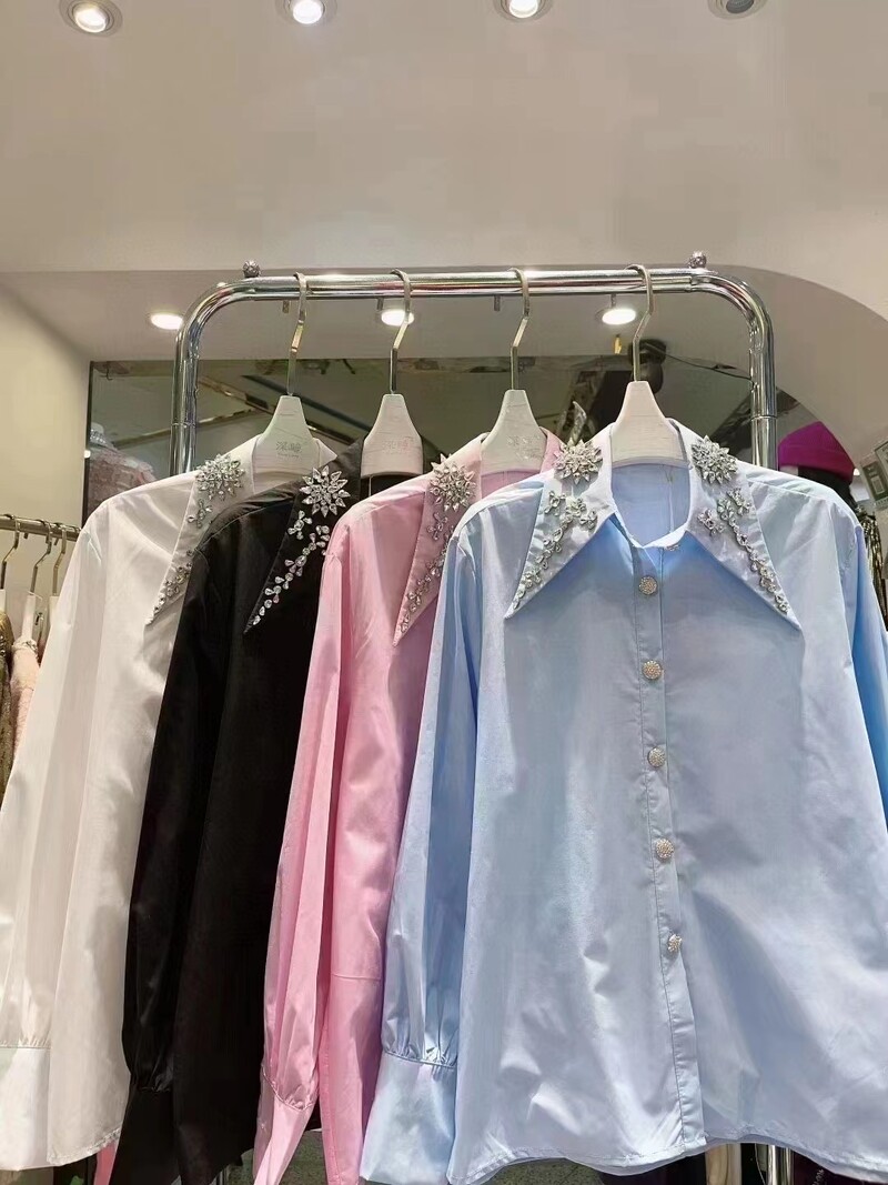 Luxus gyémántok pamut blúzok ingek Női 2024 tavaszi gombos új hosszú ujjú ingek Divat kauzális felsők Camisas De Mujer