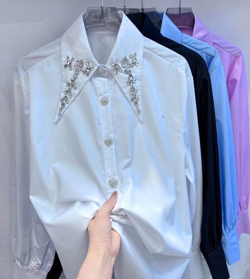 Luxus gyémántok pamut blúzok ingek Női 2024 tavaszi gombos új hosszú ujjú ingek Divat kauzális felsők Camisas De Mujer