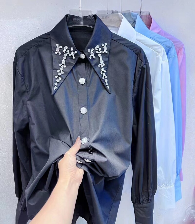 Luxus gyémántok pamut blúzok ingek Női 2024 tavaszi gombos új hosszú ujjú ingek Divat kauzális felsők Camisas De Mujer