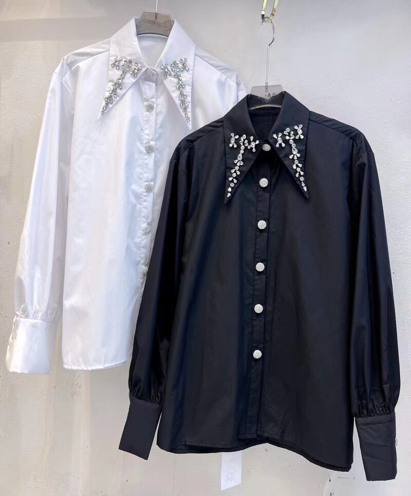 Luxus gyémántok pamut blúzok ingek Női 2024 tavaszi gombos új hosszú ujjú ingek Divat kauzális felsők Camisas De Mujer