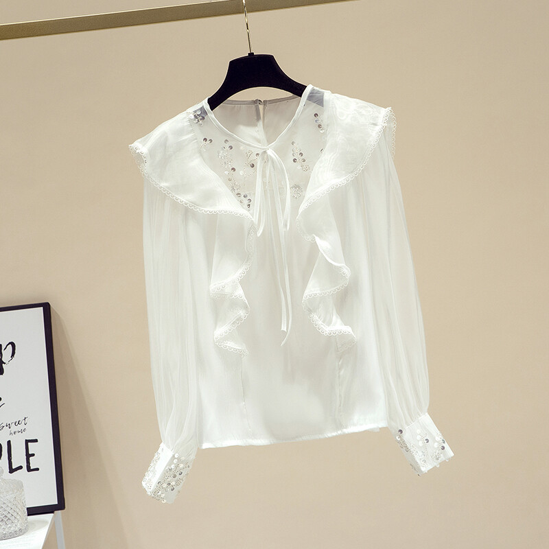 Sieviešu modes blūze 2021. gada pavasarī, jauns ar garām piedurknēm, mežģīņu volāniem, mirgojošs, tīklveida, plāns krekls, sieviešu šifona krekls ar pūšām piedurknēm