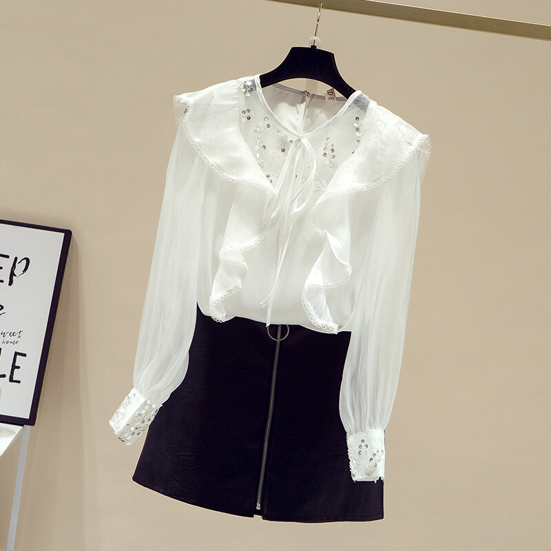 Sieviešu modes blūze 2021. gada pavasarī, jauns ar garām piedurknēm, mežģīņu volāniem, mirgojošs, tīklveida, plāns krekls, sieviešu šifona krekls ar pūšām piedurknēm