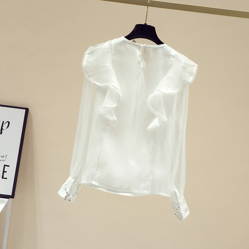 Sieviešu modes blūze 2021. gada pavasarī, jauns ar garām piedurknēm, mežģīņu volāniem, mirgojošs, tīklveida, plāns krekls, sieviešu šifona krekls ar pūšām piedurknēm