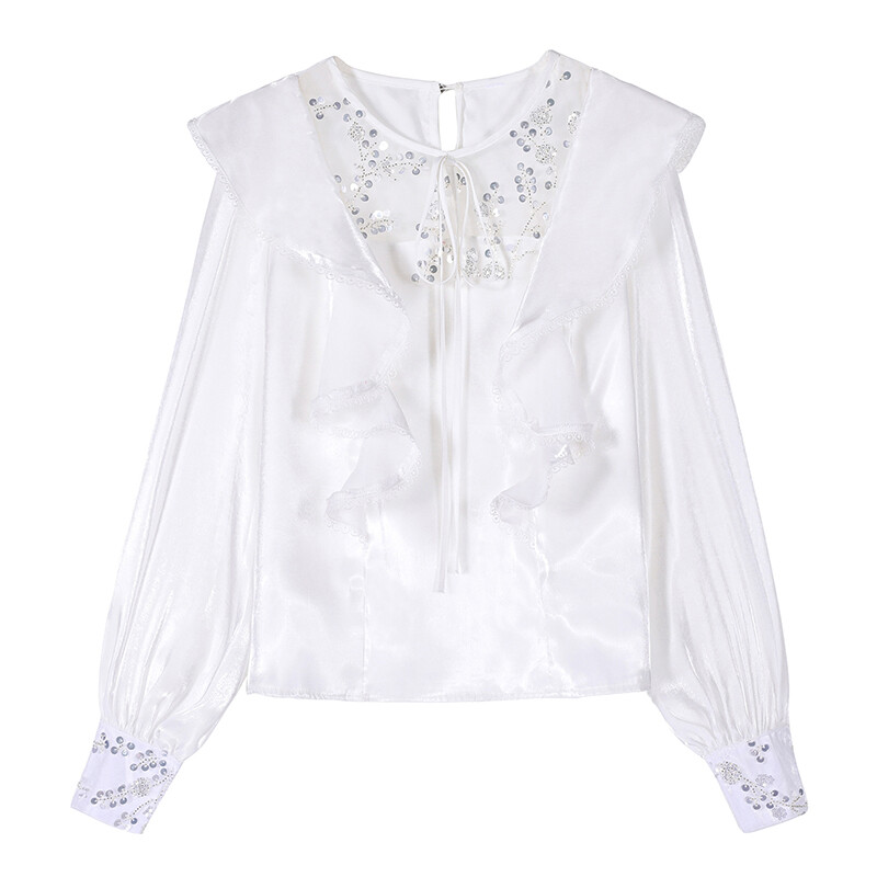 Sieviešu modes blūze 2021. gada pavasarī, jauns ar garām piedurknēm, mežģīņu volāniem, mirgojošs, tīklveida, plāns krekls, sieviešu šifona krekls ar pūšām piedurknēm