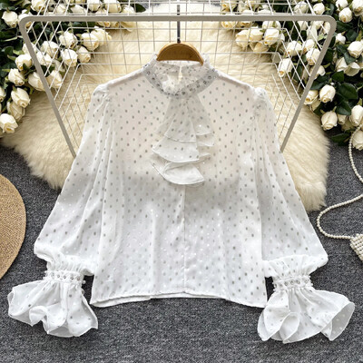 Vintage állvány nyak hosszú pillangós ujjú elegáns pontmintás bő strassz felső francia utcai ruházat női High Street őszi blúz