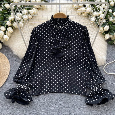 Vintage állvány nyak hosszú pillangós ujjú elegáns pontmintás bő strassz felső francia utcai ruházat női High Street őszi blúz