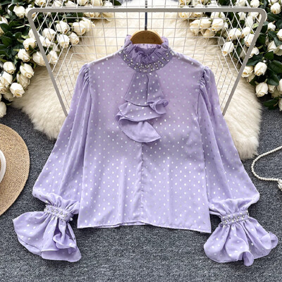 Vintage állvány nyak hosszú pillangós ujjú elegáns pontmintás bő strassz felső francia utcai ruházat női High Street őszi blúz