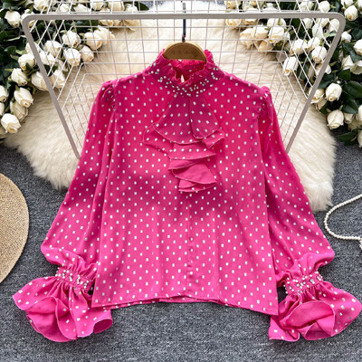 Vintage állvány nyak hosszú pillangós ujjú elegáns pontmintás bő strassz felső francia utcai ruházat női High Street őszi blúz