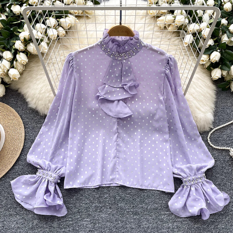 Vintage állvány nyak hosszú pillangós ujjú elegáns pontmintás bő strassz felső francia utcai ruházat női High Street őszi blúz