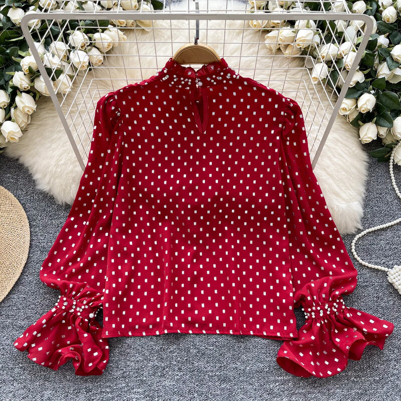 Vintage állvány nyak hosszú pillangós ujjú elegáns pontmintás bő strassz felső francia utcai ruházat női High Street őszi blúz