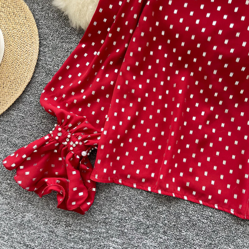 Vintage állvány nyak hosszú pillangós ujjú elegáns pontmintás bő strassz felső francia utcai ruházat női High Street őszi blúz