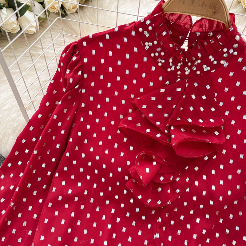 Vintage állvány nyak hosszú pillangós ujjú elegáns pontmintás bő strassz felső francia utcai ruházat női High Street őszi blúz