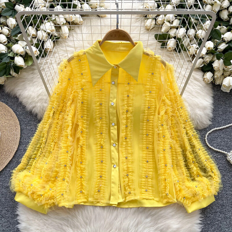 Vintage lehajtható galléros lámpás ujjú karcsú, egysoros elegáns strasszos redőzött felső francia női High Street őszi blúz