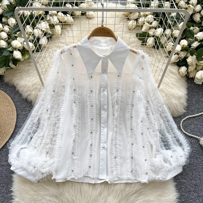 Vintage lehajtható galléros lámpás ujjú karcsú, egysoros elegáns strasszos redőzött felső francia női High Street őszi blúz