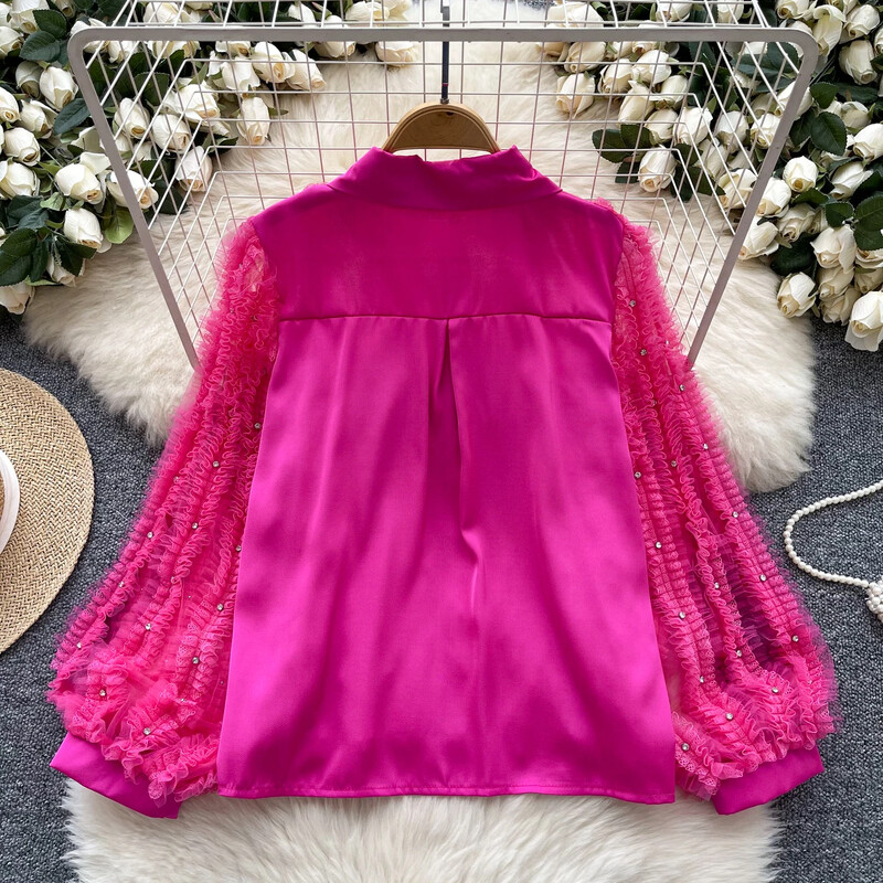 Vintage lehajtható galléros lámpás ujjú karcsú, egysoros elegáns strasszos redőzött felső francia női High Street őszi blúz